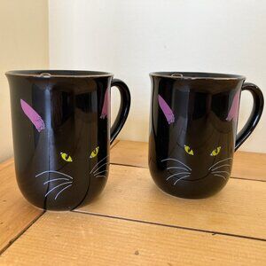 Otagiri Black Cat Face Coffee Mugs Set of 2 Vintage Japan 8 oz Cheryl Fleischer